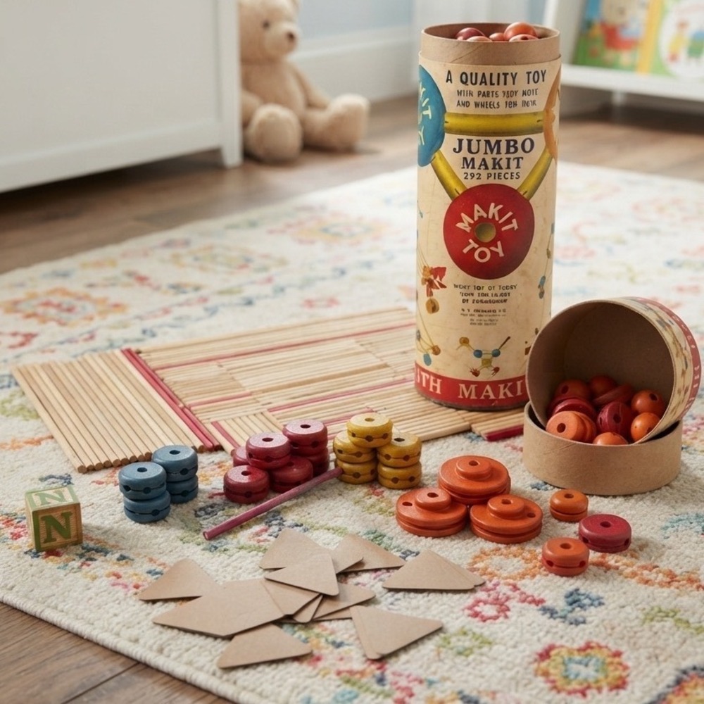 Vintage Makit Toy Jumbo Makit Wooden Building Set w/ Canister